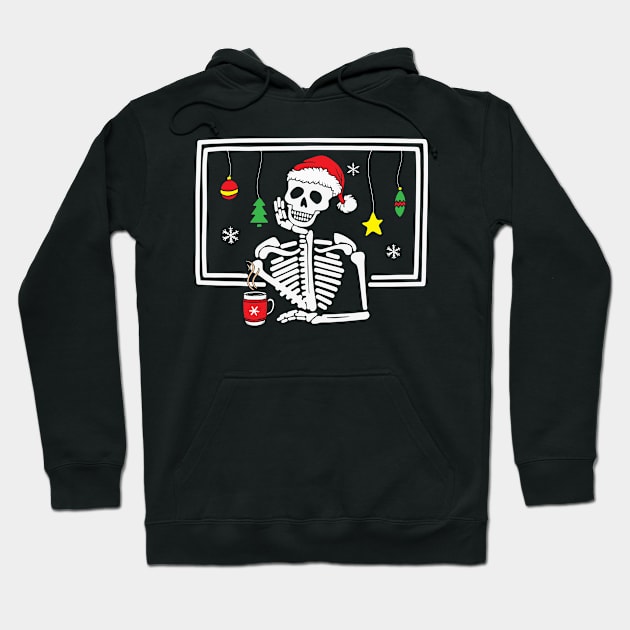 Christmas Skeleton With Smiling Skull Drinking Coffee Latte Hoodie by KhanhVan